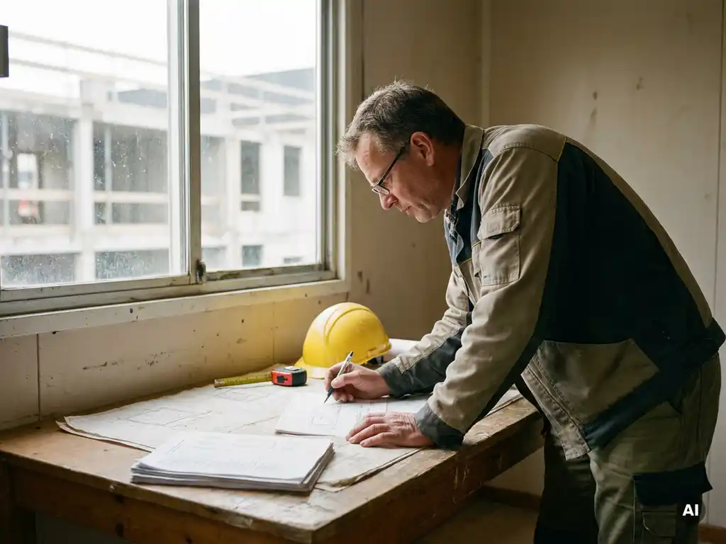 Civiel ingenieur bestudeert handgetekende schetsen en kostenramingen op een bouwplaatstafel, met helm en meetlint ernaast.
