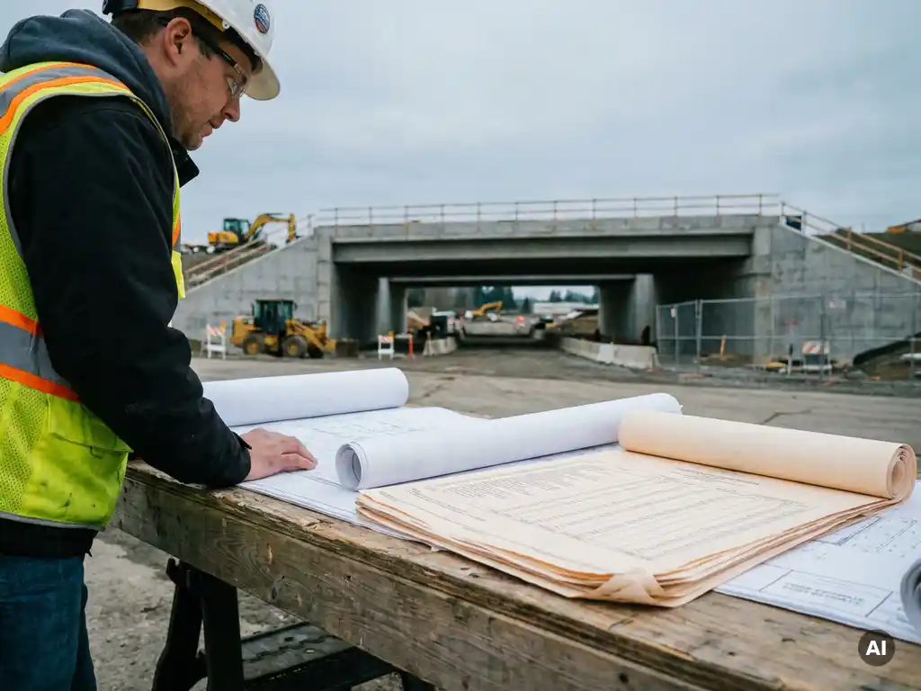 Civiel ingenieur bestudeert kostenraming documenten op bouwplaats, betonnen onderdoorgang in aanbouw op de achtergrond.