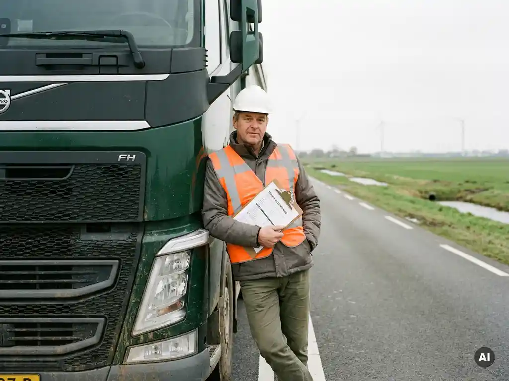 Civiel ingenieur bekijkt projectkostenraming op klembord naast vrachtwagen op Nederlandse snelweg, vlak polderlandschap op achtergrond.