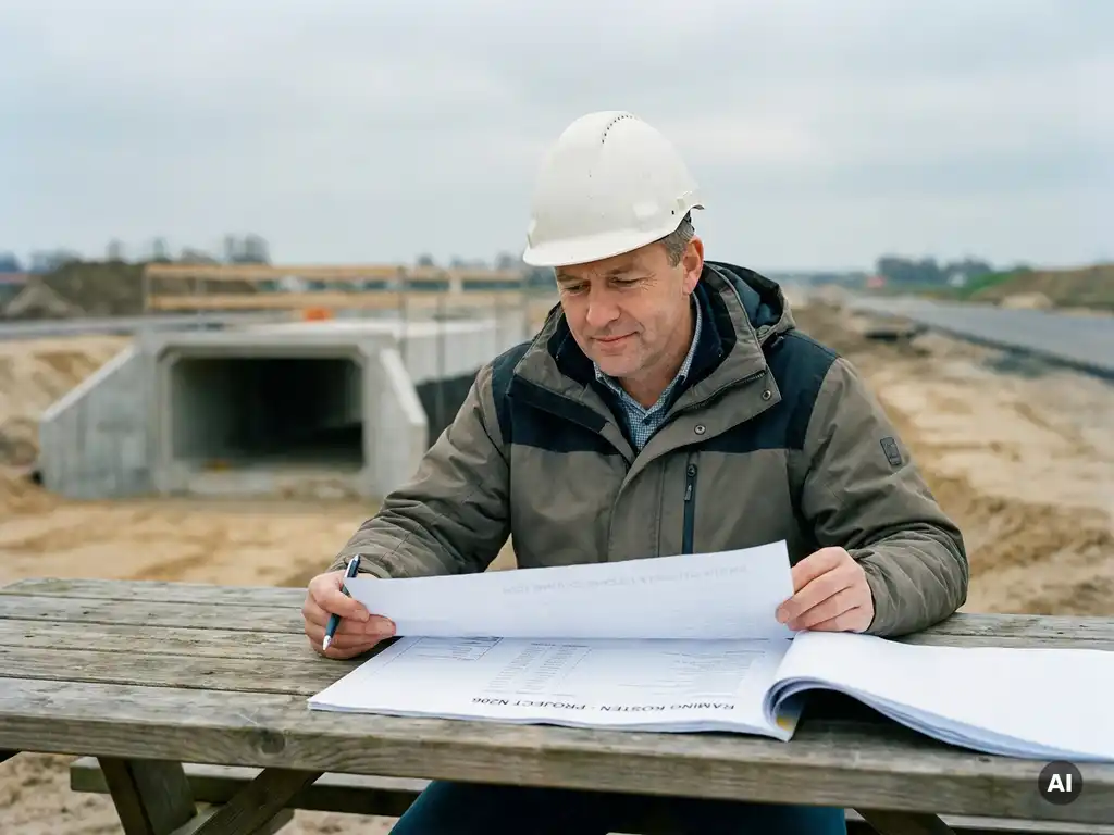 Nederlandstalige civiel ingenieur bestudeert kostenraming op bouwlocatie met gedeeltelijk aangelegde weg op de achtergrond.