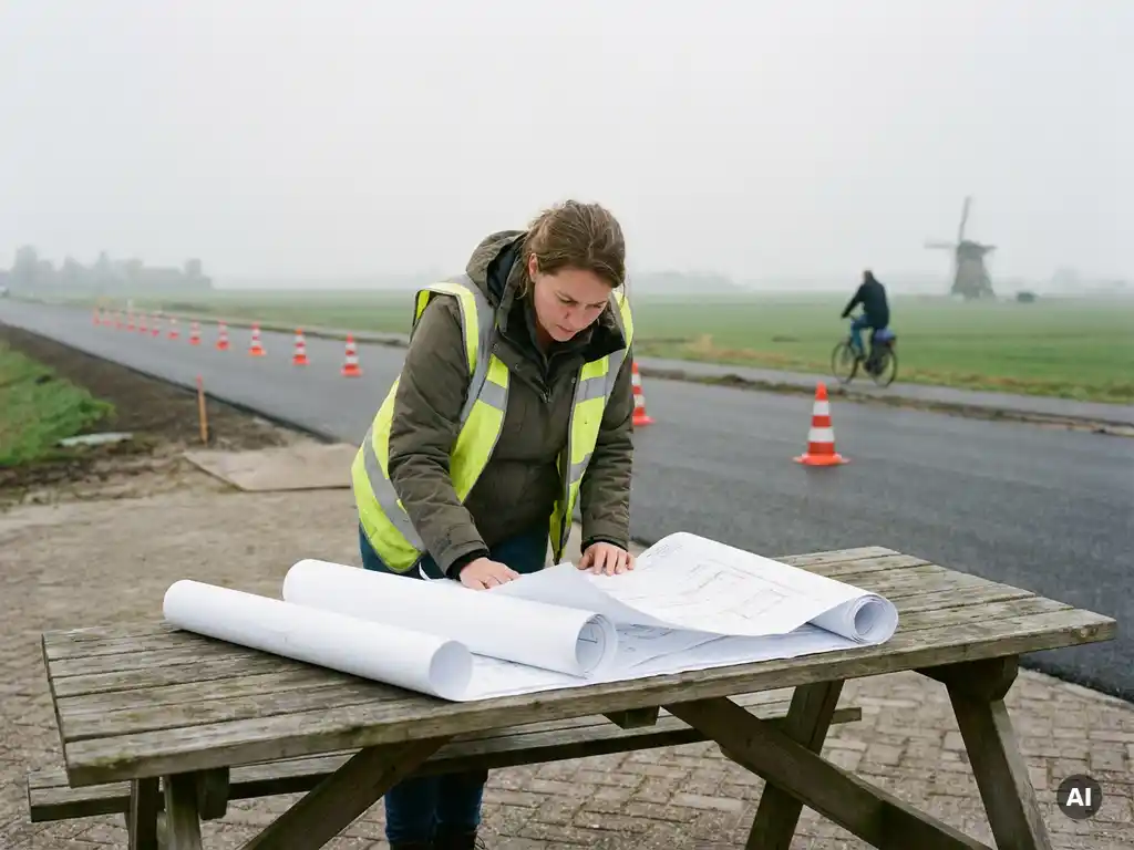 Civiel ingenieur bestudeert technische tekeningen op bouwlocatie langs herbestraatte polderweg met oranje verkeerskegels.