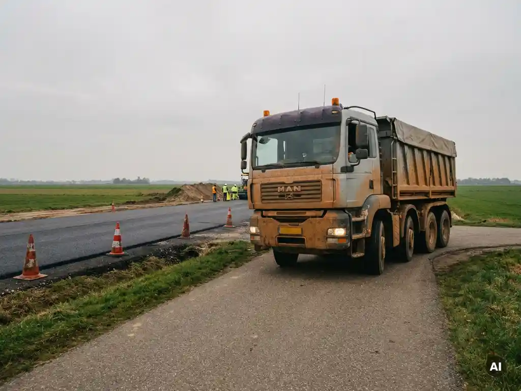 Stoftige vrachtwagen verlaat infrastructuurwerkzaamheden op een polderweg met vers asfalt en oranje veiligheidskegels.