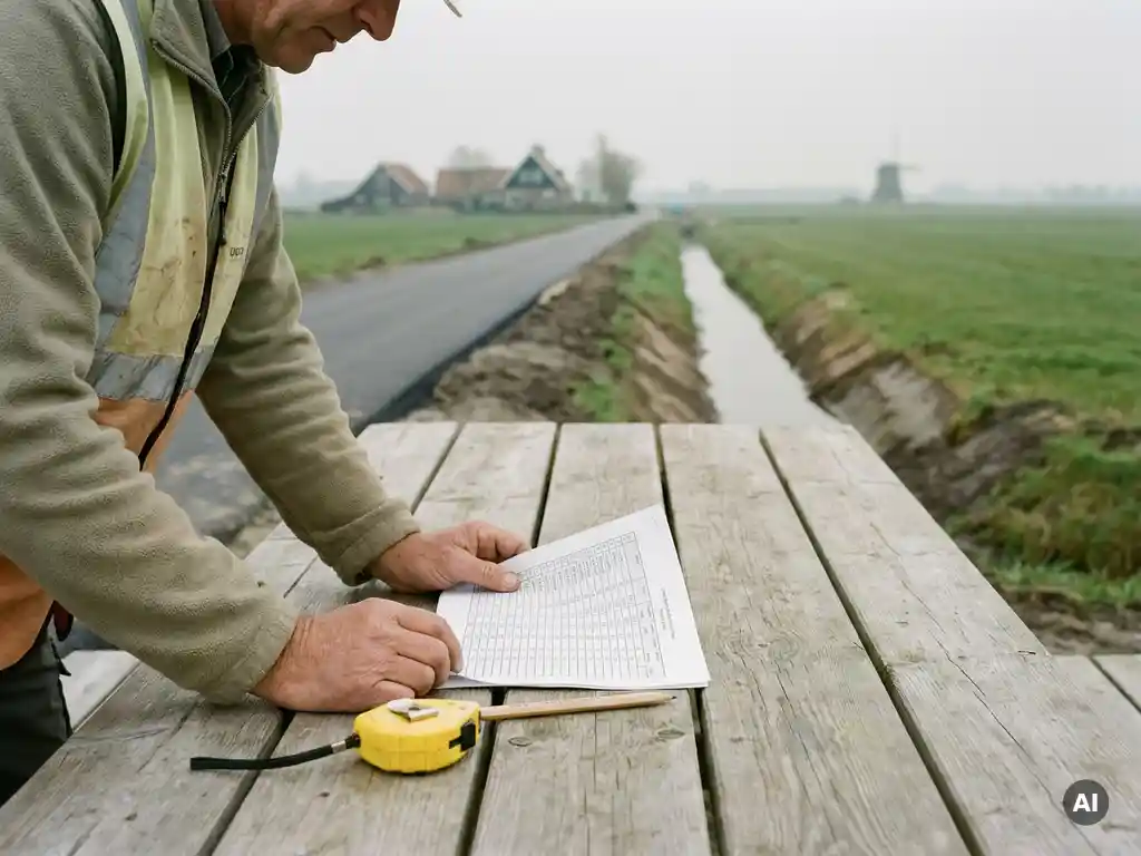 Civiel ingenieur bekijkt kostenraming op houten buitentafel in Nederlands polderlandschap met nieuwe weg en sloot op de achtergrond.