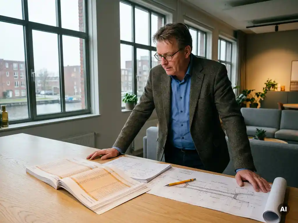 Civiel ingenieur bestudeert kostenramingsdocumenten op licht eikenhouten bureau met geel mechanisch potlood op infrastructuurtekeningen.