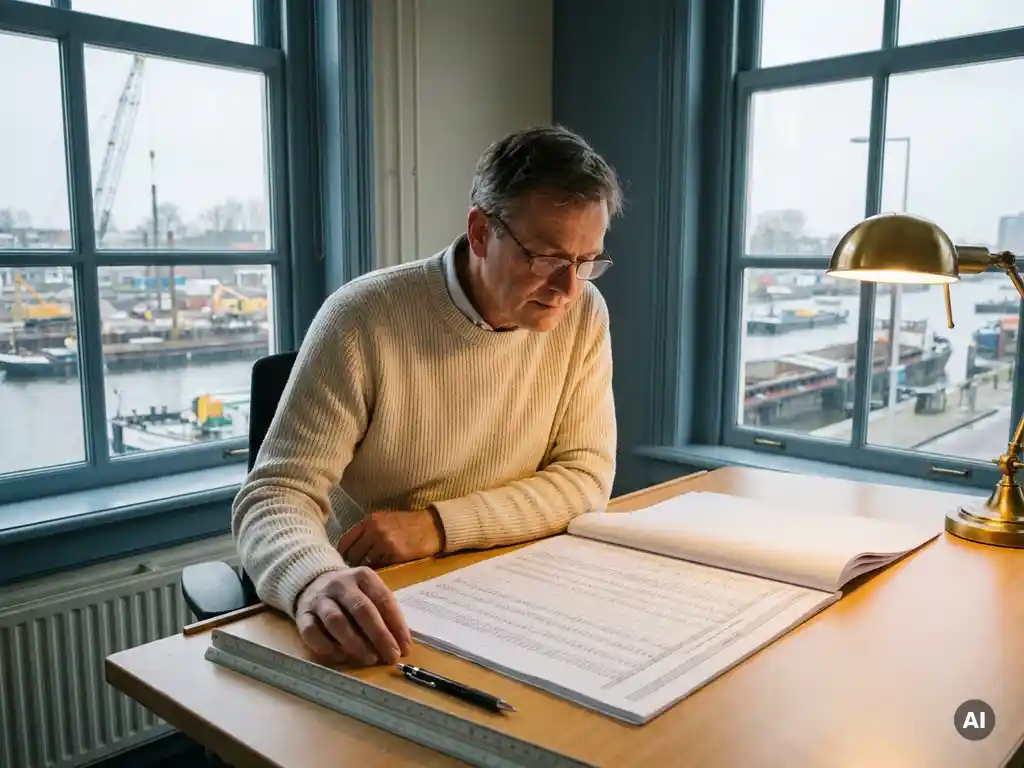 Civiel ingenieur bestudeert kostenraming op tekentafel, meetlat en vulpotlood ernaast, uitzicht op Nederlands kanaalproject.
