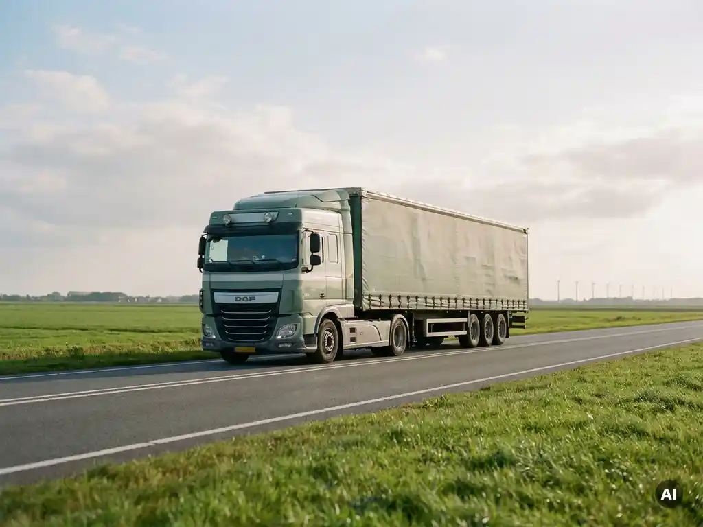 Beladen vrachtwagen op Nederlandse snelweg, omgeven door vlakke groene polders en een bewolkte lucht.